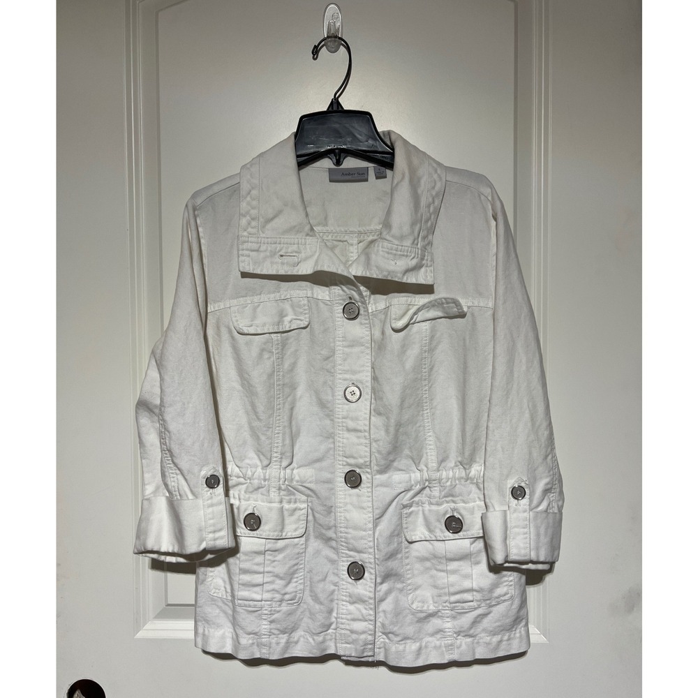 Amber Sun Collection White Linen Blend Utility Safari Jacket Large AS225457